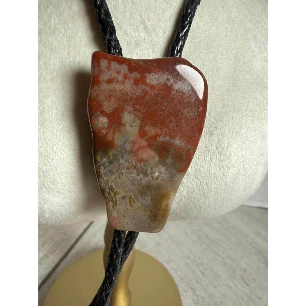 Handcrafted Natural Agate Jasper Stone Slab Bolo Tie Black Braided Leather Cord